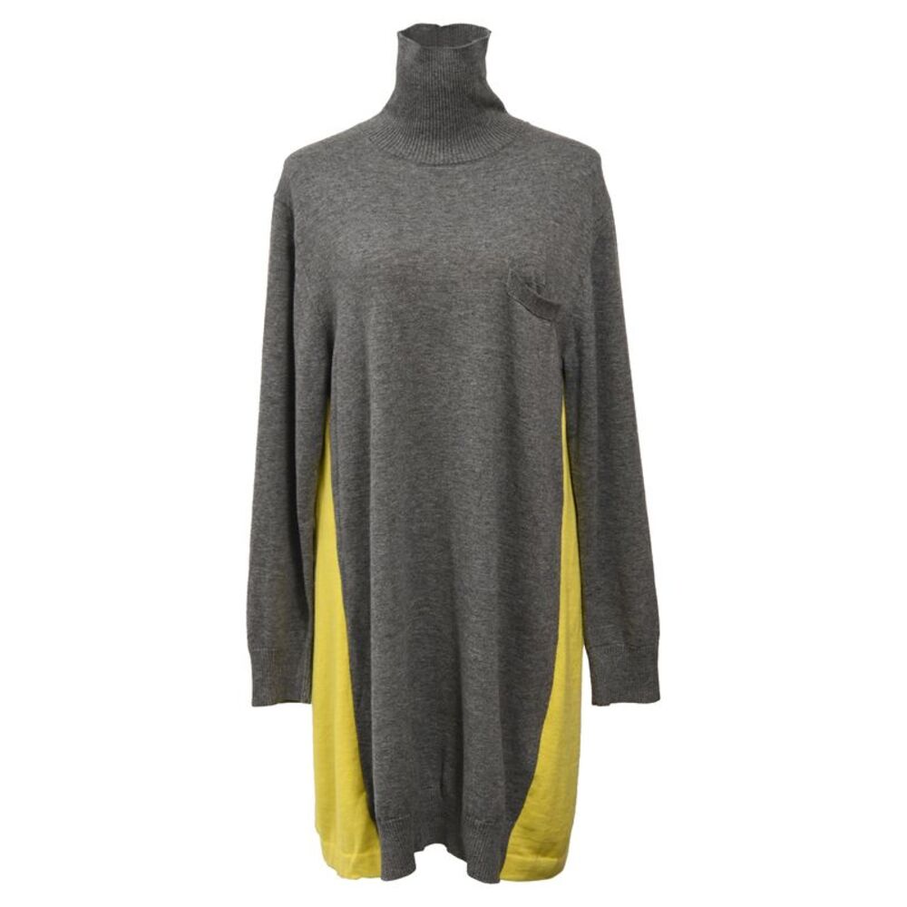 Sacai Knitted Lace Trim Midi Turtleneck Dress in Multicolor Wool